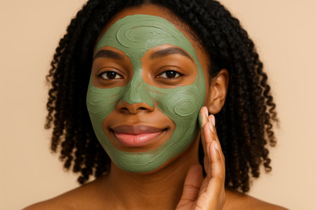 Young woman with curly hair applying green clay facial mask for skincare on clear complexion, healthy beauty treatment routine.の素材