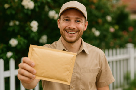 Smiling courier in uniform delivering a padded envelope outdoors near garden fence, demonstrating friendly and efficient service.の素材