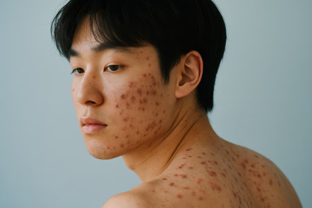 Young man with severe acne on face and back looking away against a neutral background, highlighting skin condition and texture.の素材