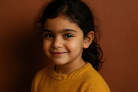 Cheerful young girl with dark hair smiling in warm brown sweater against neutral background indoors.の素材
