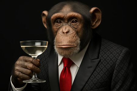 Chimpanzee in elegant black suit and red tie holding a cocktail glass against a dark background, exuding sophistication and poise.の素材