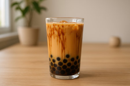 Iced bubble milk tea with tapioca pearls in a clear glass on a wooden table in a bright, cozy indoor setting.の素材