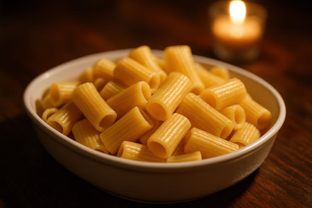Bowl of plain rigatoni pasta served on wooden table with soft candlelight in the background for a cozy dining atmosphere.の素材