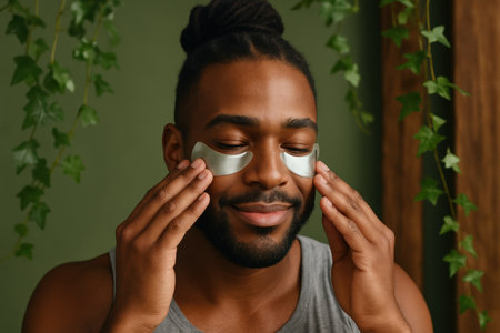 Young man enjoying self care routine with silver under eye patches for skincare and relaxation surrounded by indoor greenery.の素材