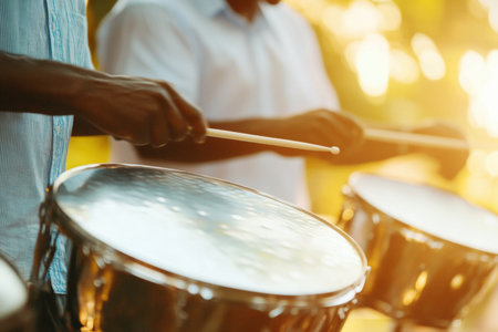 Musicians rhythmically playing metal drums outdoors in warm natural sunlight, creating an energetic musical atmosphere during daytime.の素材