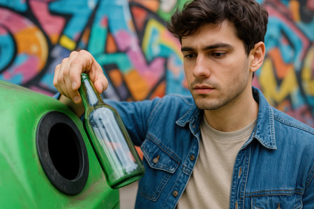 Young man recycling empty glass bottle at urban recycling bin with colorful graffiti wall in the background.の素材