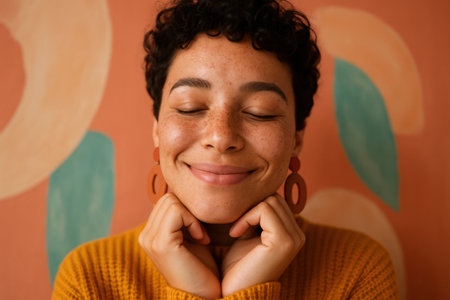 Smiling young woman with freckles posing in front of colorful background, eyes closed, expressing happiness and natural confidence.の素材