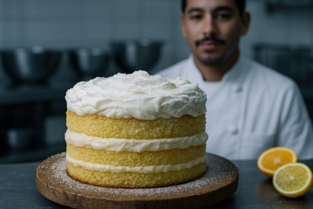 Professional baker presenting a freshly made layered lemon cake with creamy frosting and powdered sugar in a modern kitchen.の素材