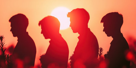 Silhouetted young men standing in a field at sunset with vibrant orange sky and sun glowing in the background.の素材