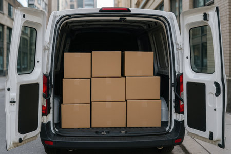 Delivery van loaded with cardboard boxes parked on an urban street, rear doors open for efficient shipping and cargo transport.の素材