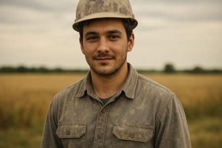 Young male construction worker standing outdoors in a rural field, wearing a helmet and dusty work clothes, smiling confidently.の素材