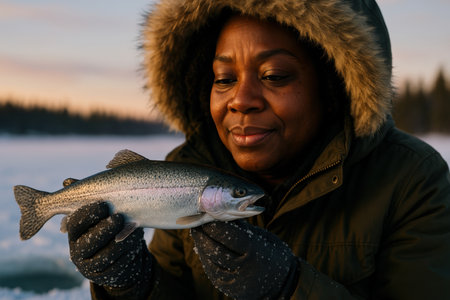 Smiling woman in a fur lined winter coat holding a freshly caught trout outdoors on a frozen lake at sunrise in cold weather.の素材
