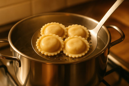 Fresh ravioli being lifted from boiling water with a slotted spoon in a kitchen setting, showcasing homemade Italian cuisine.の素材