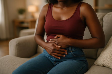 Young woman sitting on sofa holding stomach with discomfort, experiencing abdominal pain in casual home setting.の素材