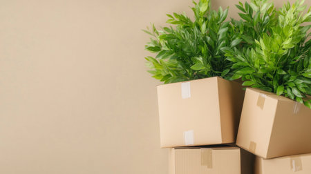 Green leafy indoor plants in cardboard boxes ready for moving or relocation against neutral background with copy space.の素材
