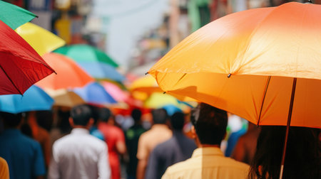 Colorful crowd walking under vibrant umbrellas in a busy street during daytime, showing vivid urban life and community diversity.の素材