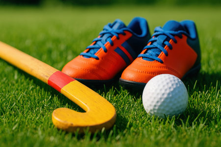Colorful athletic shoes and wooden field hockey stick on green grass next to a white ball ready for outdoor training session.の素材