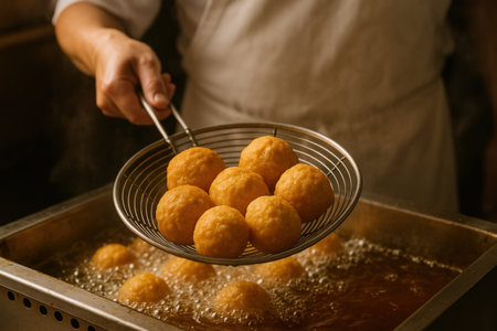 Freshly fried golden cheese balls being lifted from hot oil by a chef in a kitchen setting, displaying crisp savory snacks.の素材