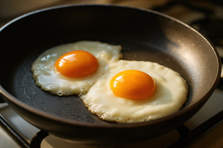 Sunny side up eggs cooking in a non stick pan on a gas stove with natural morning light highlighting the vibrant yolks.の素材