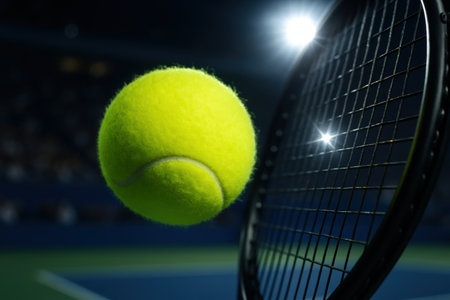 Tennis ball in midair approaching racquet under stadium lights during a dynamic match on a professional blue court surface.の素材