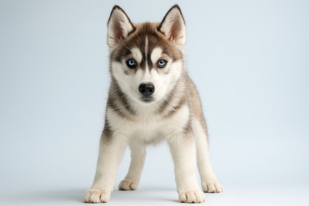 Adorable young husky puppy standing alert with blue eyes on a light background, showing playful curiosity and unique markings.の素材