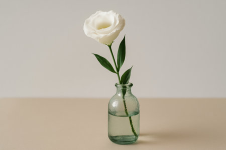 single white flower in glass vase with green leaves on neutral background, minimalistic natural home decor centerpiece.の素材