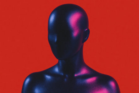 Faceless black mannequin illuminated with vibrant purple neon light against a bold red background, modern abstract concept.の素材