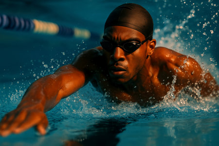 Focused male athlete swimming freestyle stroke in lane during intense competitive race, showing determination and power.の素材