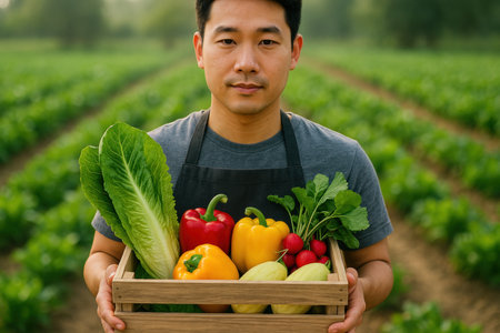 Young male farmer in black apron holding wooden crate filled with fresh organic vegetables in lush green field during harvest season.の素材