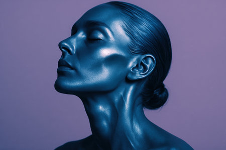 Shimmering woman with metallic blue skin and slicked back hair posing in profile against a violet background with dramatic lighting.の素材