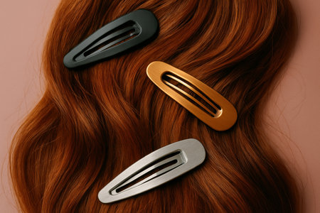 Set of modern metallic hair clips in black, gold, and silver on flowing red hair against a neutral background.の素材