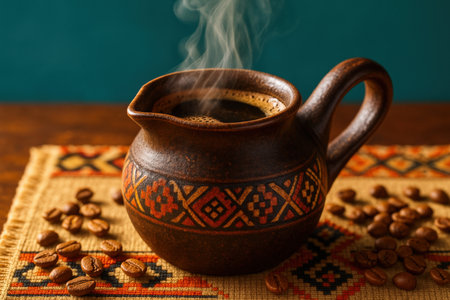 Steaming traditional ceramic coffee pot filled with fresh brewed beverage on patterned mat surrounded by roasted coffee beans.の素材