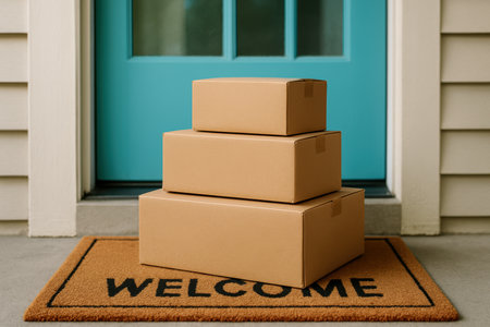 Three cardboard delivery packages stacked neatly on a welcome mat outside a blue front door, home parcel contactless drop off.の素材