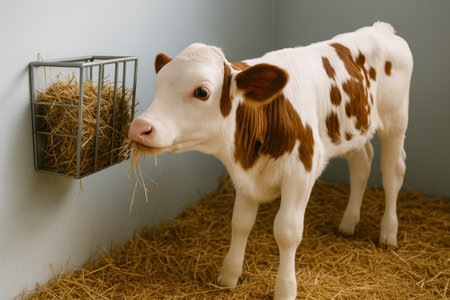 Young brown and white calf standing indoors eating hay from a feeder in a clean straw filled enclosure with soft lighting.の素材