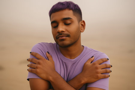 Young man with purple hair comforts himself with a gentle self hug, standing peacefully in a serene, neutral toned environment.の素材