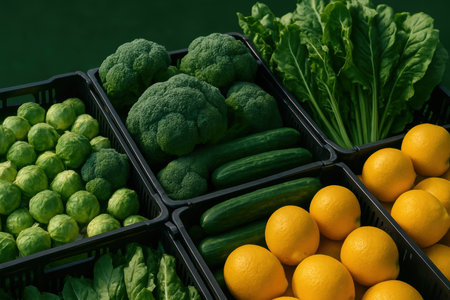 Fresh brussels sprouts, broccoli, spinach, cucumbers, oranges, and leafy greens arranged in plastic baskets under natural sunlight.の素材