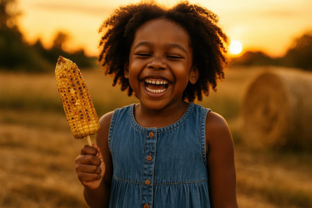 Joyful young girl laughing outdoors while holding grilled corn on a stick during a warm golden sunset in the countryside.の素材