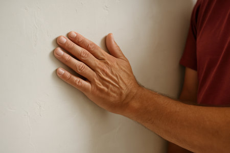 Close up of adult male hand touching textured light wall, detail of skin and fingers against neutral background indoors.の素材