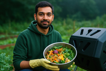 Man holding bowl of fresh vegetable scraps beside outdoor compost bin in lush green garden during eco friendly food waste recycling.の素材