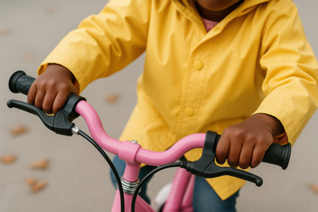 Child wearing yellow raincoat learning to ride pink bicycle outdoors on a cloudy day, hands gripping handlebars with focus and determination.の素材