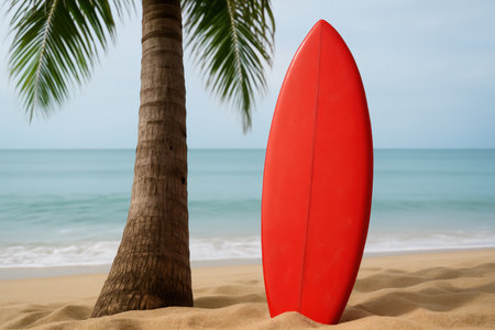 Bright red surfboard standing upright in golden sand beside palm tree overlooking calm turquoise sea on a tropical beach morning.の素材