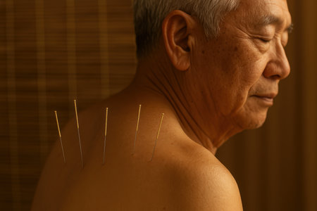 Elderly man receiving acupuncture therapy on shoulder for pain relief and relaxation in a calming wellness setting.の素材