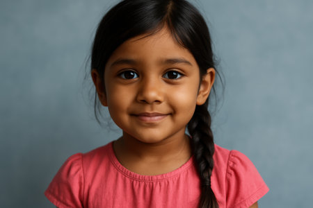 Smiling young girl with braided hair in a pink shirt posing against a plain blue background with natural light and gentle expression.の素材