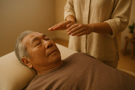 Elderly asian man receiving holistic energy therapy while lying comfortably in a peaceful wellness center with warm ambient lighting.の素材