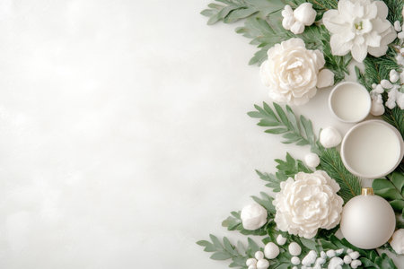 Elegant white floral arrangement with fresh green leaves and festive ornaments on soft textured background, minimal holiday composition.の素材