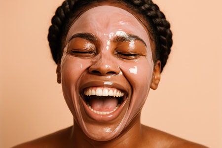 Joyful woman with braided hair laughing while wearing a hydrating facial mask on her glowing skin against a neutral background.の素材