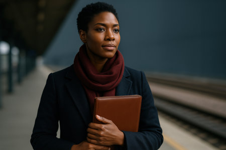 Confident young professional woman waiting at urban train platform holding notebook, prepared for commuting on a chilly morning.の素材