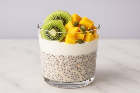Healthy chia pudding breakfast in glass topped with fresh kiwi slices, diced mango, pumpkin seeds, and creamy yogurt on marble surface.の素材
