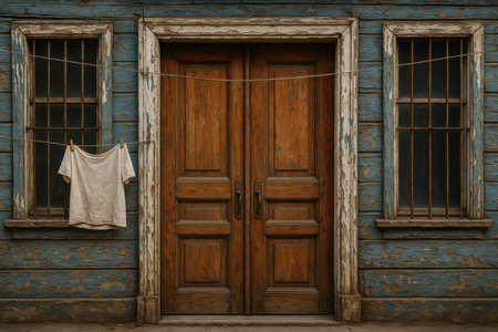 Weathered blue wooden house facade with double doors, barred windows and a white t shirt hanging on a clothesline outdoors.の素材