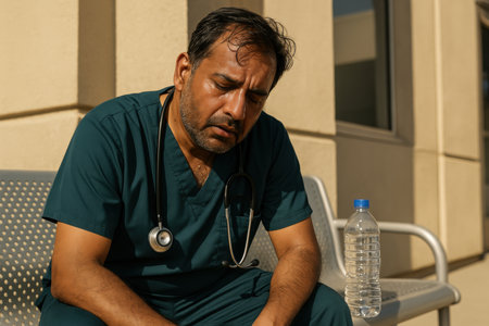 Exhausted healthcare worker in scrubs resting outdoors with stethoscope and water bottle after long shift in natural light.の素材